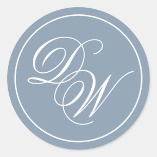 Monogram Dusty Blue Elegant White Script Initials Runder Aufkleber