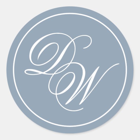 Monogram Dusty Blue Elegant White Script Initials Runder Aufkleber (Vorderseite)