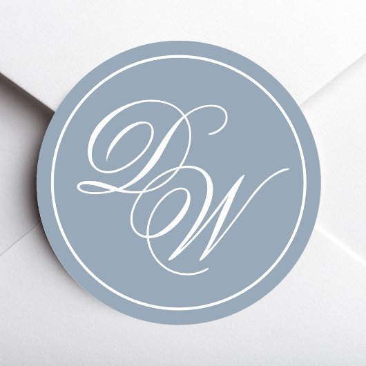 Monogram Dusty Blue Elegant White Script Initials Runder Aufkleber