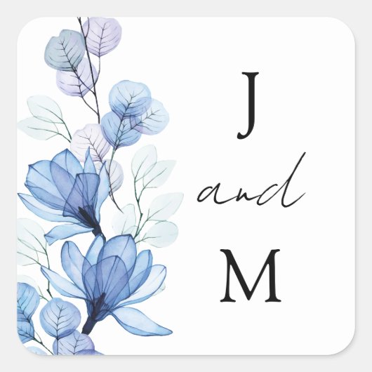 Monogram Dusty Blue Floral Gastgeschenk Hochzeit Quadratischer Aufkleber (Vorderseite)
