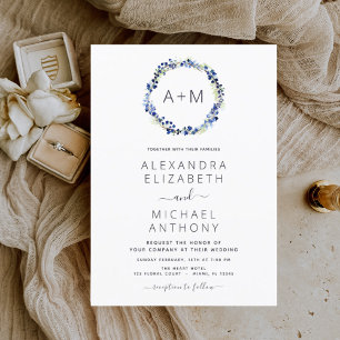 Monogram Dusty Blue Floral Wreath Wedding Einladung