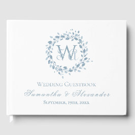 Monogram Dusty Blue Floral Wreath Wedding Gästebuch