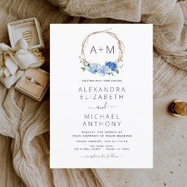 Monogram Dusty Blue Floral Wreath Wedding Invitati Einladung