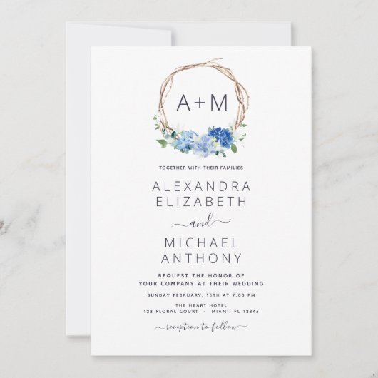 Monogram Dusty Blue Floral Wreath Wedding Invitati Einladung (Vorderseite)