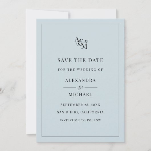 Monogram Dusty Blue Minimalistisch Modern Wedding Save The Date (Vorderseite)