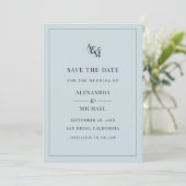 Monogram Dusty Blue Minimalistisch Modern Wedding Save The Date (Stehend Vorderseite)