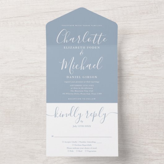 Monogram Dusty Blue Modern Script Wedding All In One Einladung (Innen Boden)