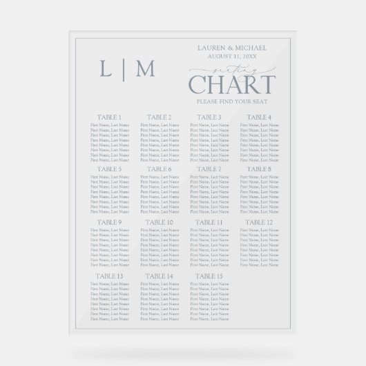 Monogram Dusty Blue Modern Wedding Seating Chart Acrylschild (Vorderseite)
