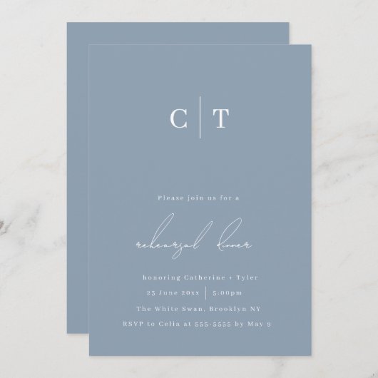 Monogram Dusty Blue Probe Dinner Einladung (Vorne/Hinten)
