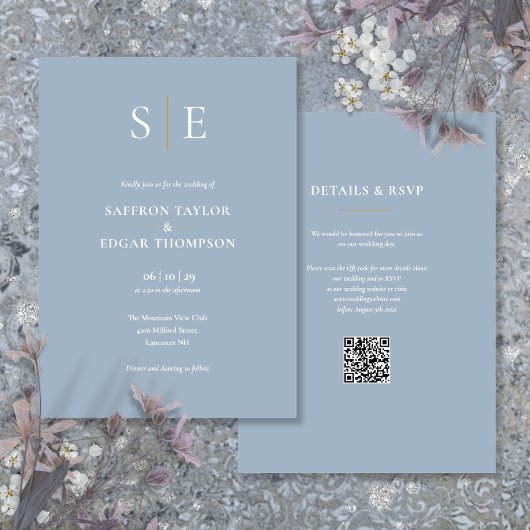 Monogram Dusty Blue QR Code Wedding Einladung