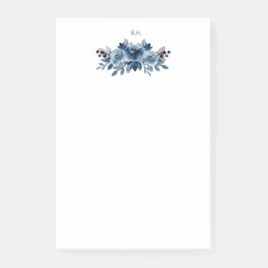 Monogram Dusty Blue und Navy Floral Post-it Klebezettel (Vorderseite)