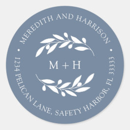 Monogram Dusty Blue Wedding Rücksendeadresse Runder Aufkleber