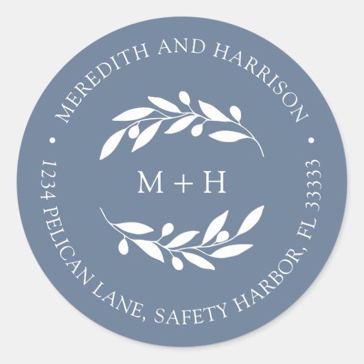 Monogram Dusty Blue Wedding Rücksendeadresse Runder Aufkleber (Vorderseite)