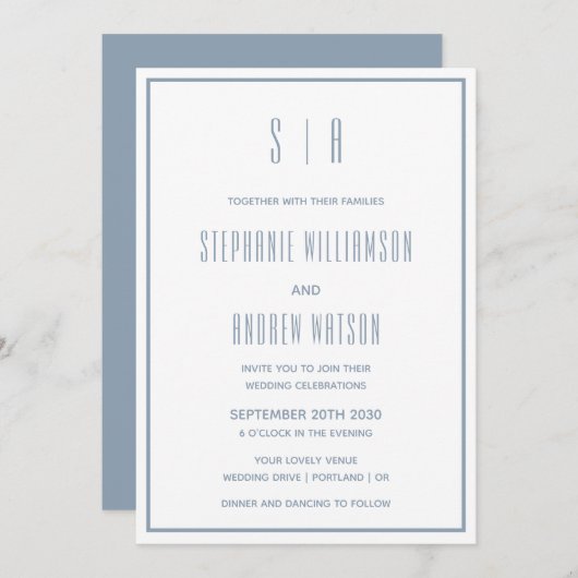 Monogram Dusty Blue & White Modern Simple Wedding (Vorne/Hinten)
