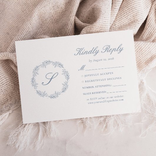 Monogram Dusty Blue Wreath Wedding RSVP Karte