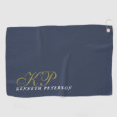 Monogram Dusty Navy Blue Gold White Name Chic Men Golfhandtuch (Horizontal)