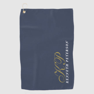 Monogram Dusty Navy Blue Gold White Name Chic Men Golfhandtuch