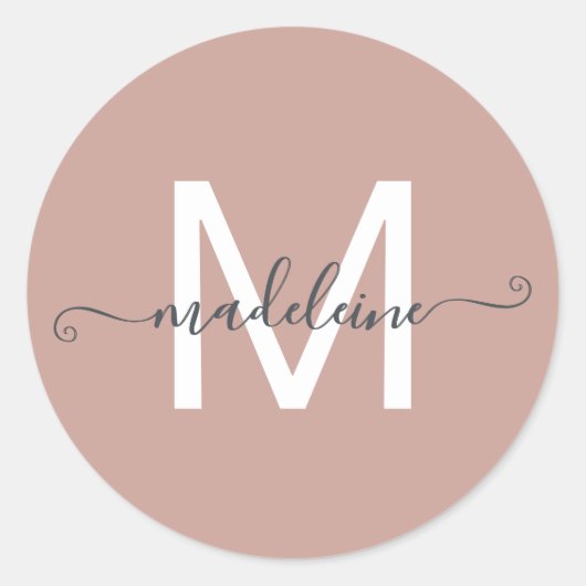 Monogram Dusty-Rose für personalisierten Skriptnam Runder Aufkleber (Vorderseite)