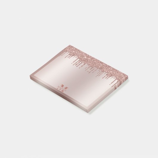 Monogram Dusty Rose Gold Dripping Glitzer Metallic Post-it Klebezettel (angewinkelt)