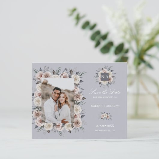 Monogram Dusty Rose Wedding Foto SAVE THE DATE (Stehend Vorderseite)