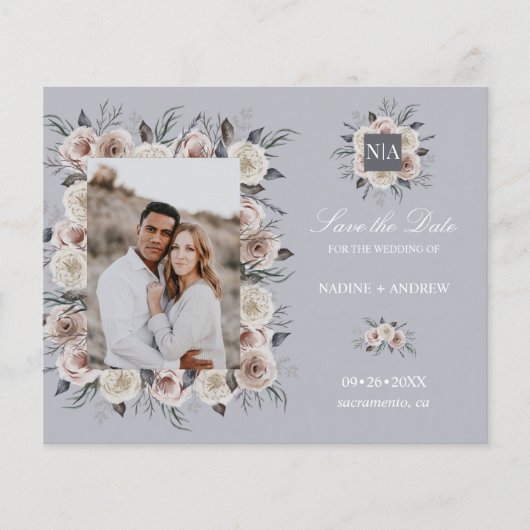 Monogram Dusty Rose Wedding Foto SAVE THE DATE (Vorderseite)