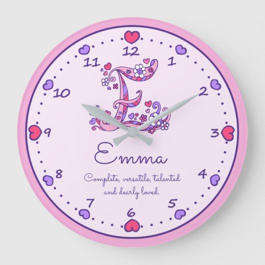 Monogram E Emma hearts name meaning clock Große Wanduhr (Vorderseite)