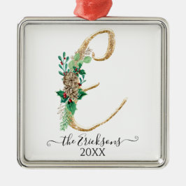 Monogram E Family Holly Gold Glitzer Ornament Aus Metall