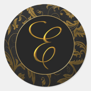 Monogram E Gold and Black Damask Wedding Siegel Runder Aufkleber