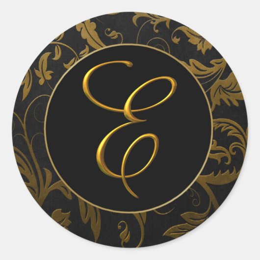 Monogram E Gold and Black Damask Wedding Siegel Runder Aufkleber (Vorderseite)