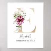 Monogram E Pink White Floral Gold Letter Kinderzim Poster (Vorne)
