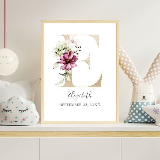 Monogram E Pink White Floral Gold Letter Kinderzim Poster