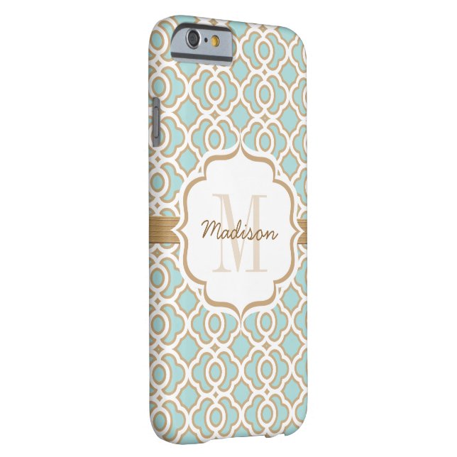 Monogram Eggshell Blau und Gold Quatrefolie Case-Mate iPhone Hülle (Rückseite/Rechts)
