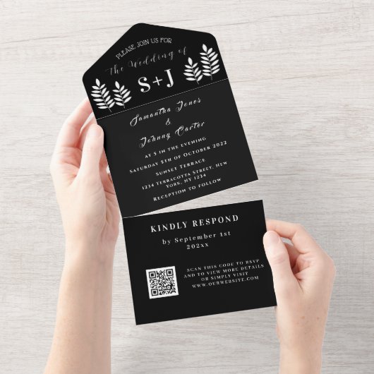 Monogram Einfache Schwarz-weiße QR-Hochzeit All In One Einladung (Abreißen)