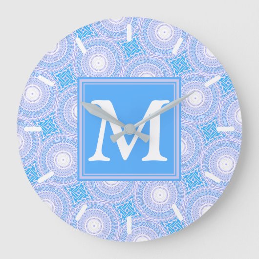Monogram Electric Blue Circles pattern Große Wanduhr (Vorderseite)