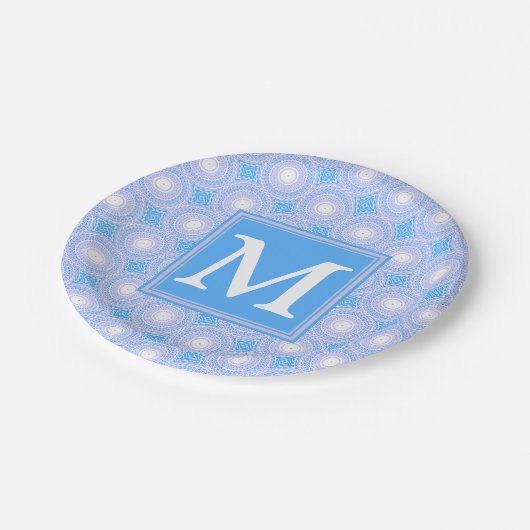 Monogram Electric Blue Circles pattern Pappteller (Schrägansicht)