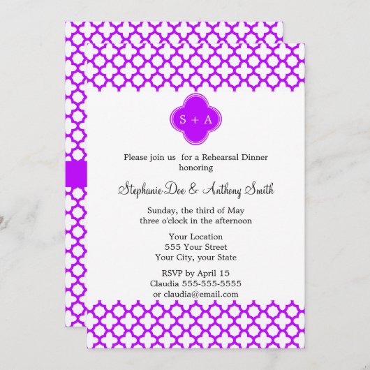 Monogram Electric Lila Quatrefolienmuster Einladung (Vorne/Hinten)