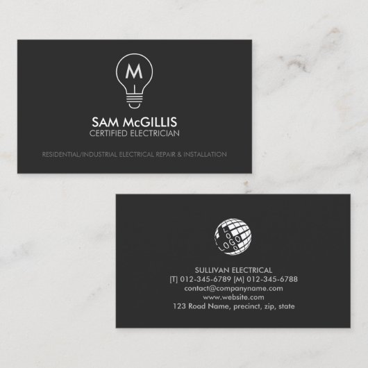 Monogram Electrician Electrical Contractor Visitenkarte (Vorne/Hinten)