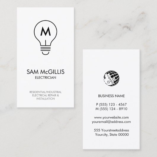 Monogram Electrician Electrical Contractor Visitenkarte (Vorne/Hinten)