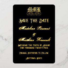 Monogram EleganBlack and Gold Save the Date Folieneinladung