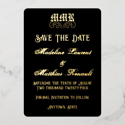 Monogram EleganBlack and Gold Save the Date Folieneinladung (Vorderseite)