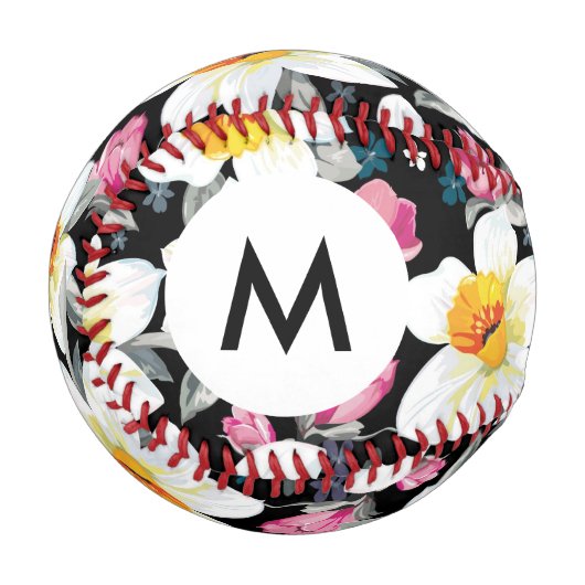 Monogram Elegance Muster mit Narzissenblumen Baseball (Vorderseite Links)