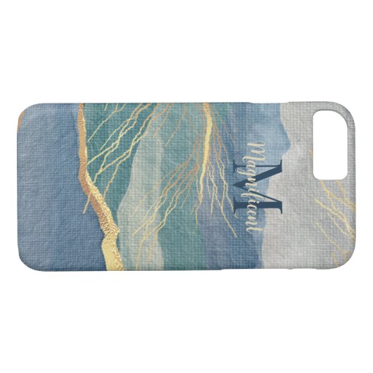 Monogram Elegane Gold Blue Landscape Case-Mate iPhone Hülle (Rückseite (Horizontal))