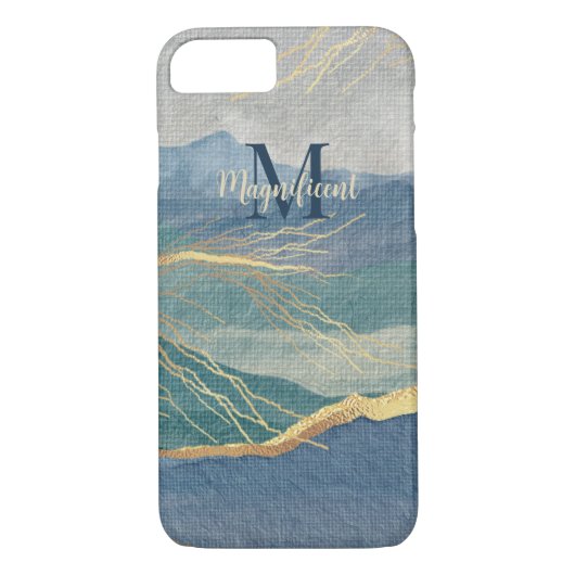 Monogram Elegane Gold Blue Landscape Case-Mate iPhone Hülle (Rückseite)
