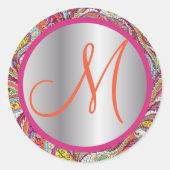 Monogram Eleganpink und Silver Vintag Paisley Runder Aufkleber (Vorderseite)