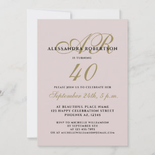 Monogram, elegant 40 Geburtstagsrot Rosa Gold Einladung