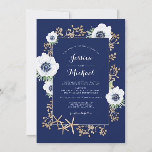 Monogram Elegant Anemone Blume Navy Blue Wedding Einladung (Vorderseite)