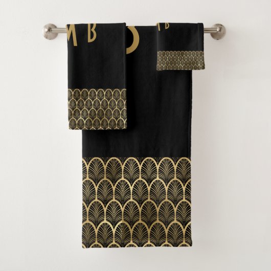 Monogram Elegant Black and Gold Art Deco Gatsby Badhandtuch Set (Insitu)