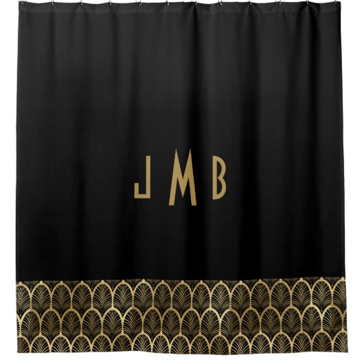Monogram Elegant Black and Gold Art Deco Gatsby Duschvorhang (Vorderseite)