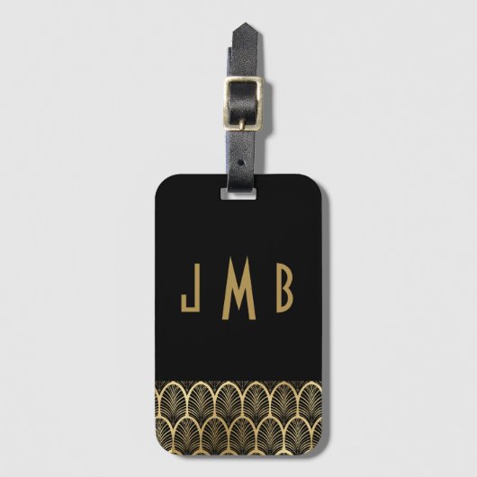 Monogram Elegant Black and Gold Art Deco Gatsby Gepäckanhänger (Vorderseite Vertikal)