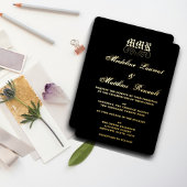 Monogram Elegant Black and Gold Wedding Folieneinladung